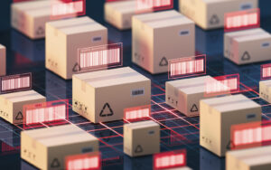 Boxes with a futuristic barcode hovering in front of them.