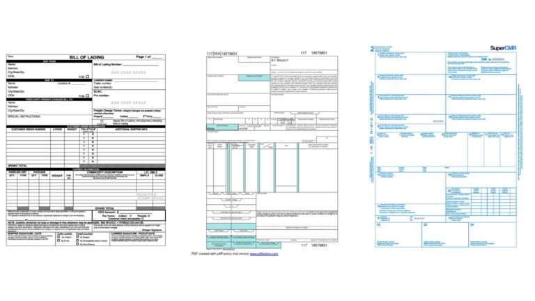 Three transport documents side by side — a Bill of Lading, an Air Waybill, and a CMR consignment note, showing the key sections of each document used in international shipping