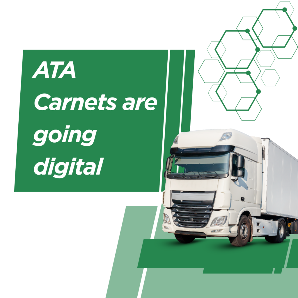 ATA Carnets are going digital - branded graphic with HGV truck and text for LinkedIn post