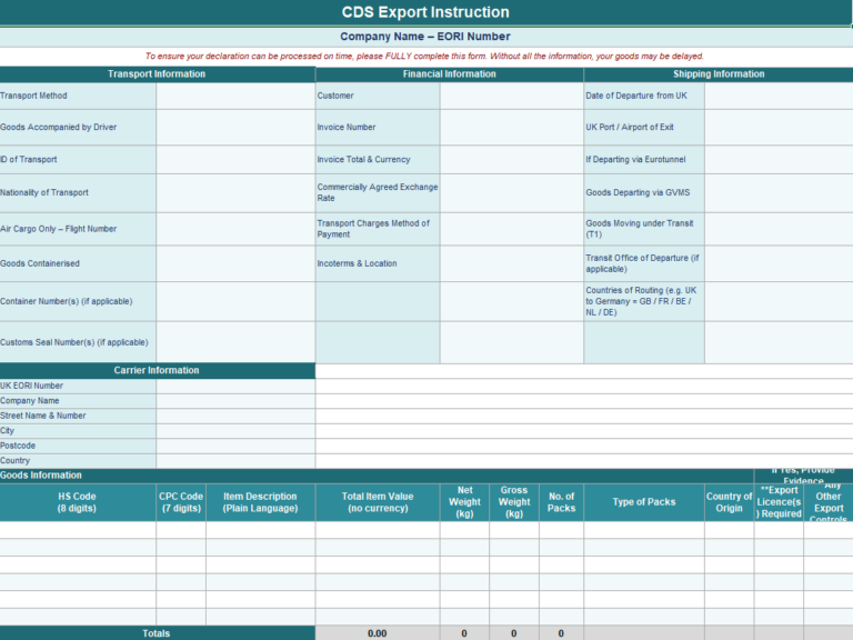 CDS export instruction spreadsheet showing fields for transport, financial, shipping, carrier and goods information including HS codes and CPC codes