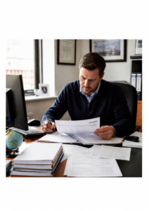 Export office administrator checking a printed customs entry at his desk