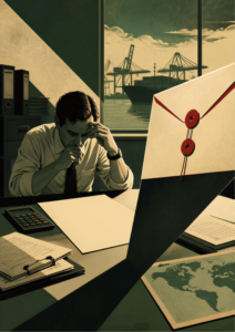 Worried importer at his desk facing a bill from a wrong commodity code, with a port and cranes beyond the window