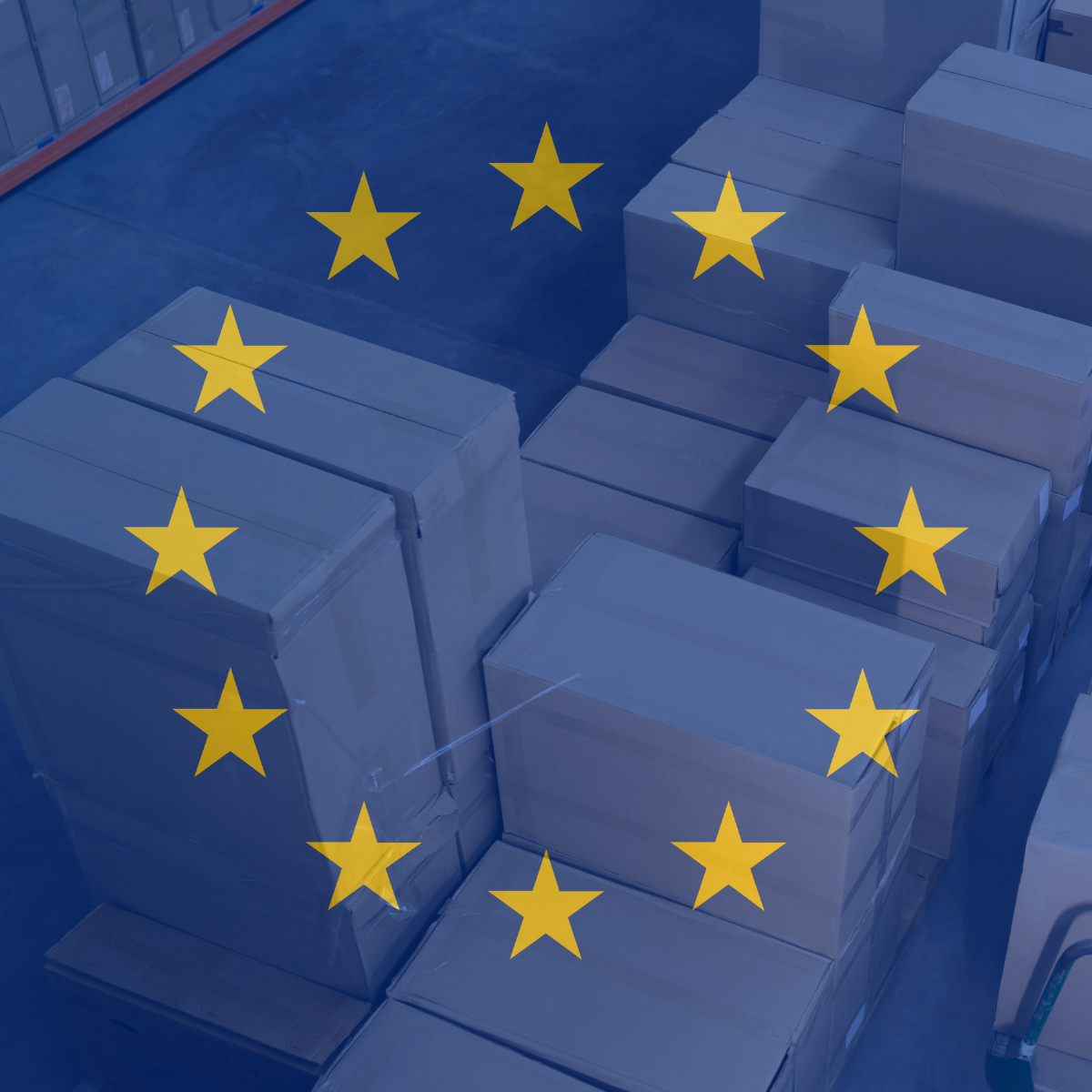Stacked cardboard boxes and pallets in a warehouse, overlaid with the EU flag's circle of stars, representing packaging for EU trade