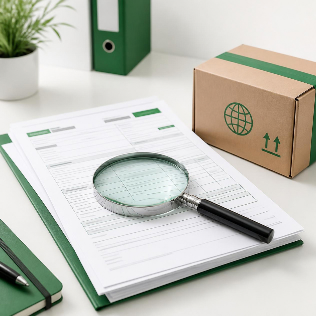 Magnifying glass resting on a stack of customs documents beside a cardboard export box, ready for a customs audit
